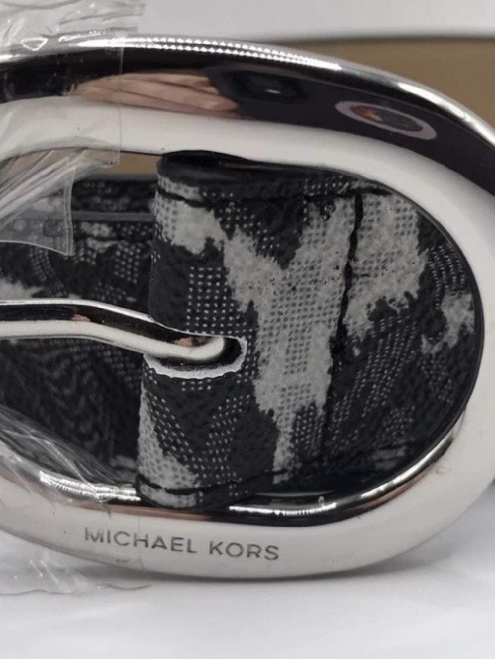 Michael Kors Silver-Tone Buckle Belt with Black and Gray Pattern